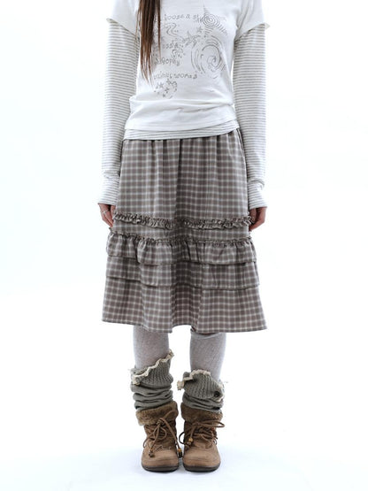 ang project Vintage Plaid Ruffle Edge Patchwork Pleated Women&