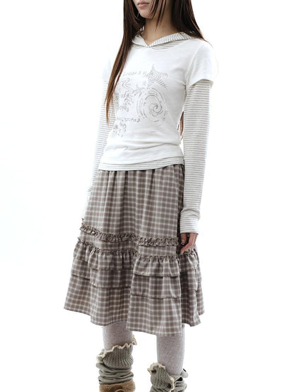 ang project Vintage Plaid Ruffle Edge Patchwork Pleated Women&
