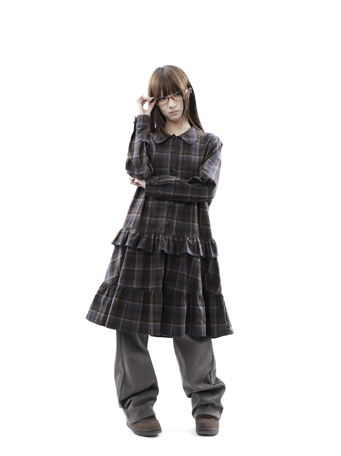 ang project Vintage Plaid Ruffle Patchwork Single Breasted Women&