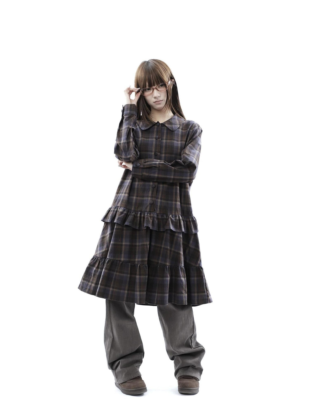 ang project Vintage Plaid Ruffle Patchwork Single Breasted Women&