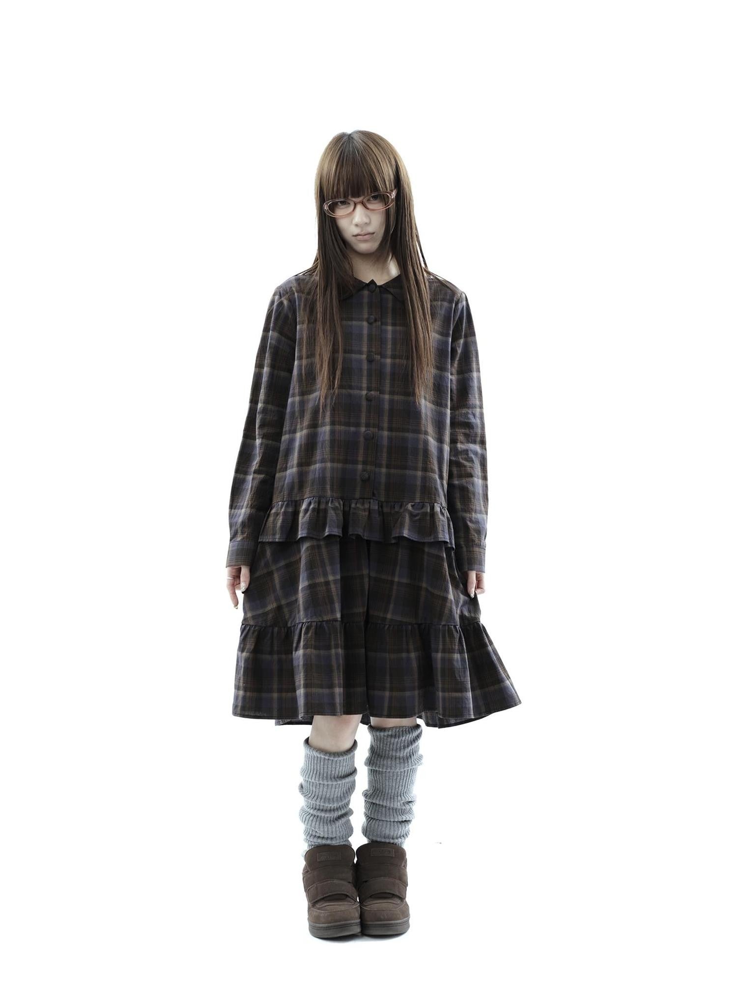 ang project Vintage Plaid Ruffle Patchwork Single Breasted Women&