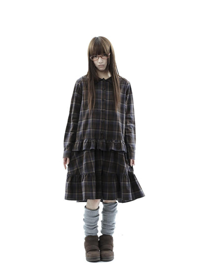 ang project Vintage Plaid Ruffle Patchwork Single Breasted Women&