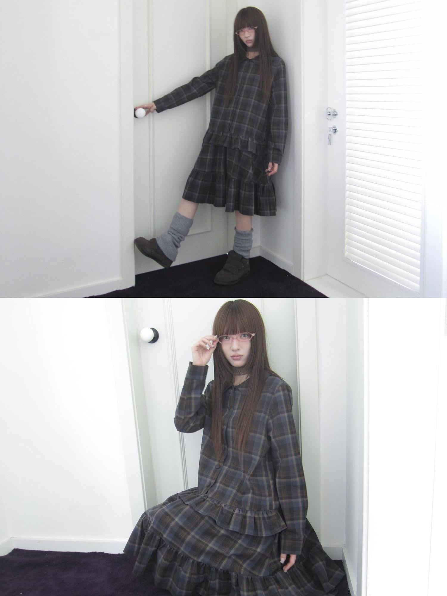 ang project Vintage Plaid Ruffle Patchwork Single Breasted Women&