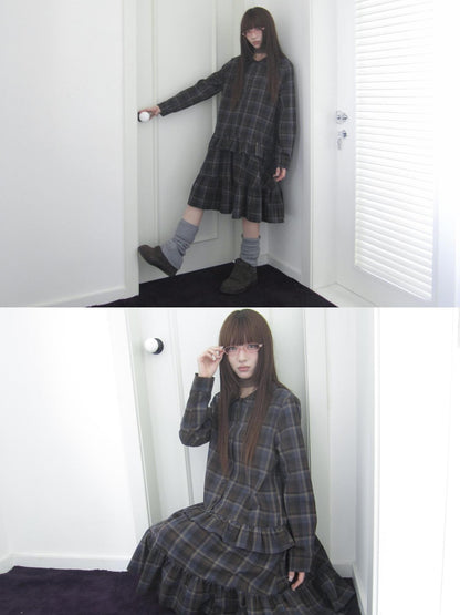 ang project Vintage Plaid Ruffle Patchwork Single Breasted Women&
