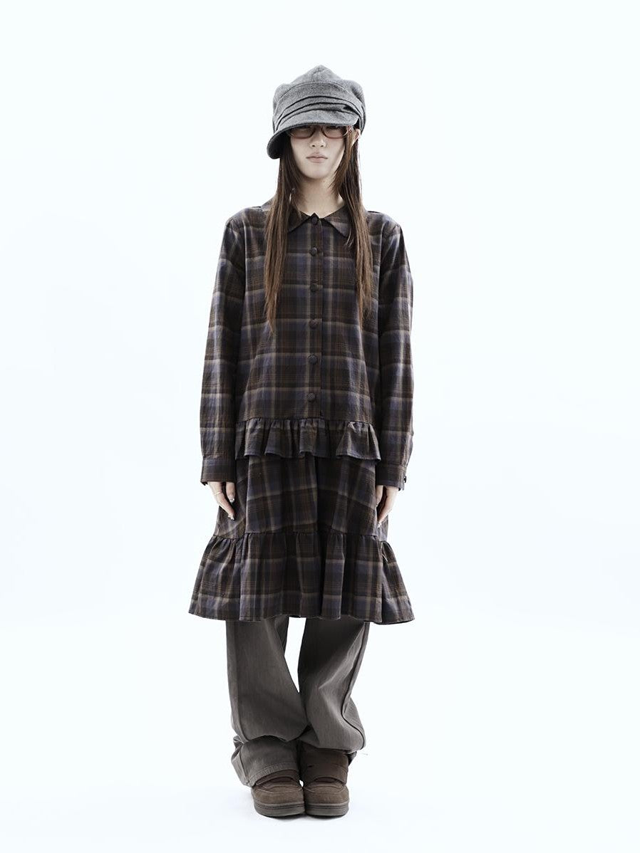 ang project Vintage Plaid Ruffle Patchwork Single Breasted Women&