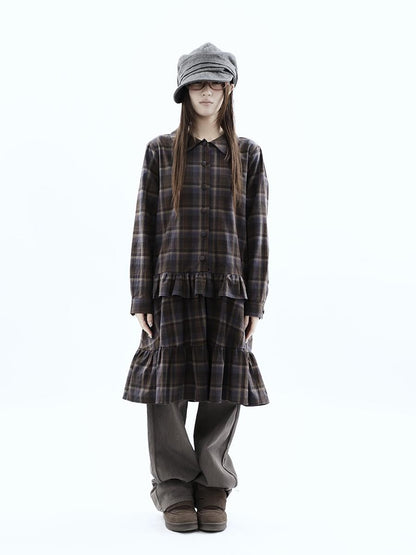 ang project Vintage Plaid Ruffle Patchwork Single Breasted Women&
