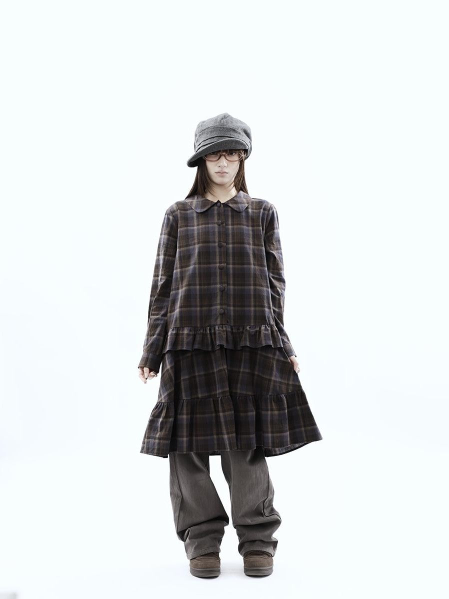 ang project Vintage Plaid Ruffle Patchwork Single Breasted Women&