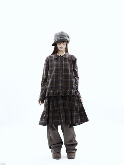 ang project Vintage Plaid Ruffle Patchwork Single Breasted Women&