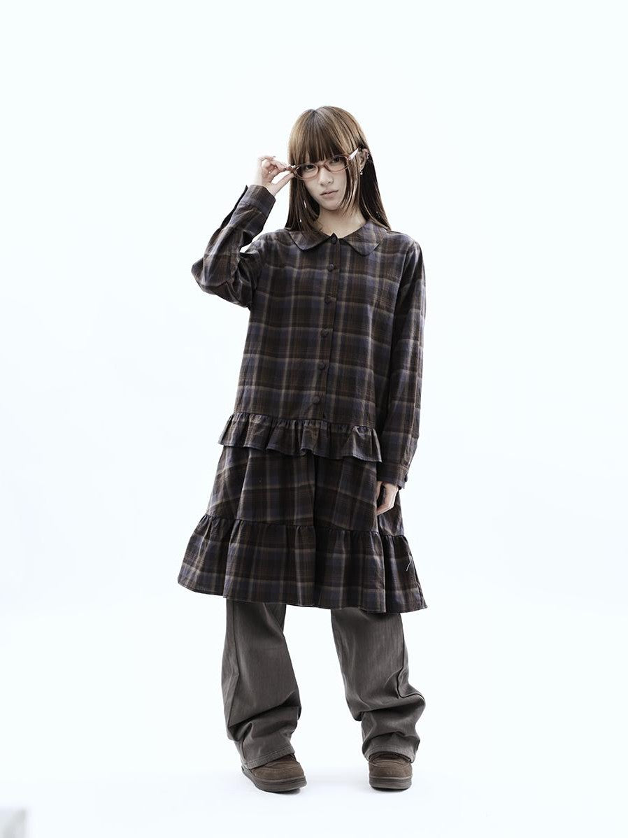 ang project Vintage Plaid Ruffle Patchwork Single Breasted Women&