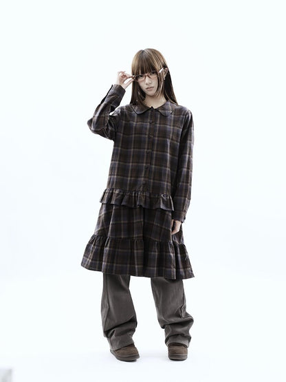 ang project Vintage Plaid Ruffle Patchwork Single Breasted Women&