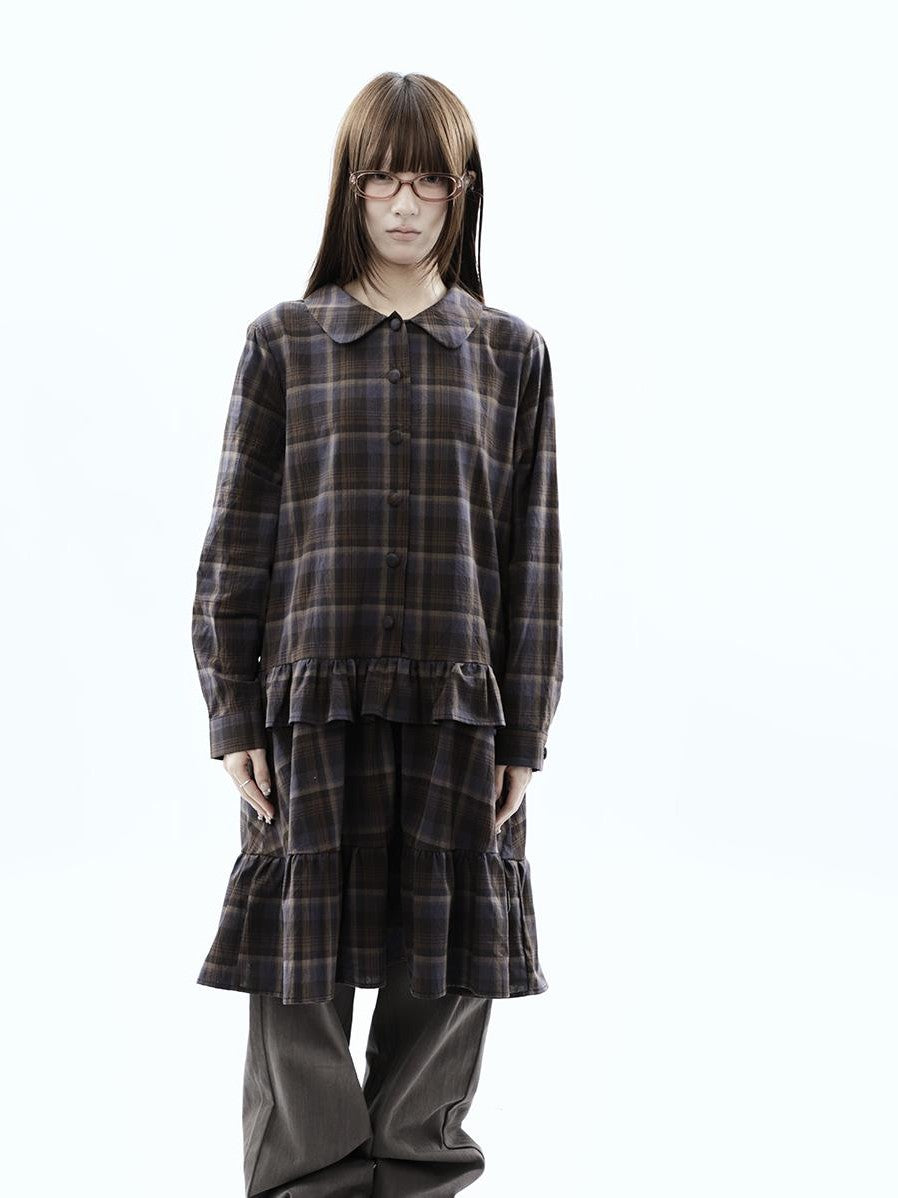 ang project Vintage Plaid Ruffle Patchwork Single Breasted Women&