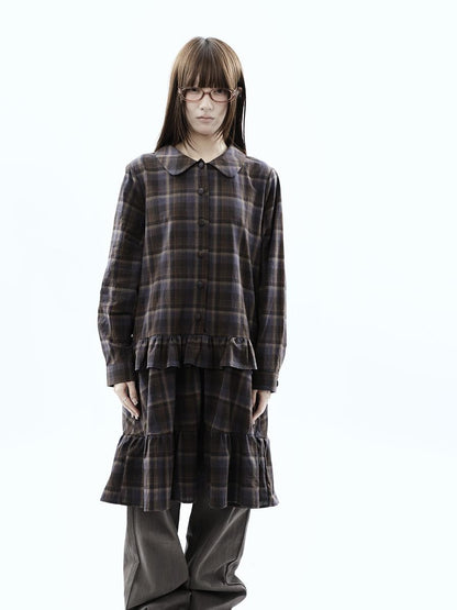 ang project Vintage Plaid Ruffle Patchwork Single Breasted Women&