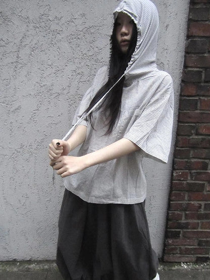 Vintage Plaid Short Sleeve Hooded Shirt