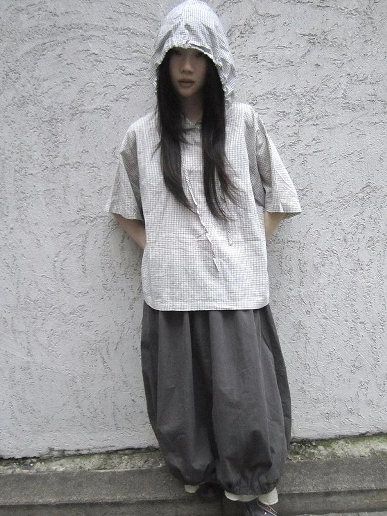 Vintage Plaid Short Sleeve Hooded Shirt