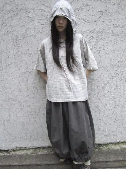 Vintage Plaid Short Sleeve Hooded Shirt