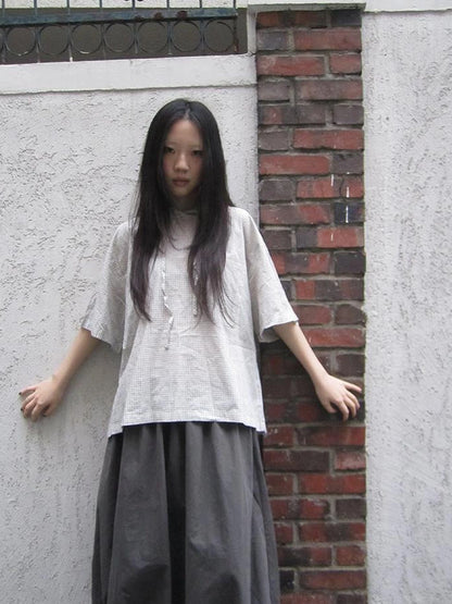 Vintage Plaid Short Sleeve Hooded Shirt