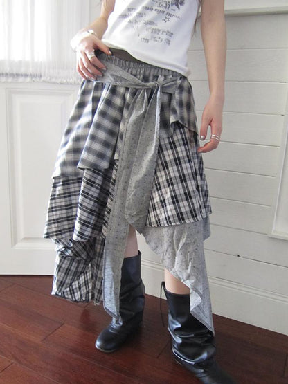 ang project Vintage Plaid Skirt With Asymmetrical Hem And Elastic Waist