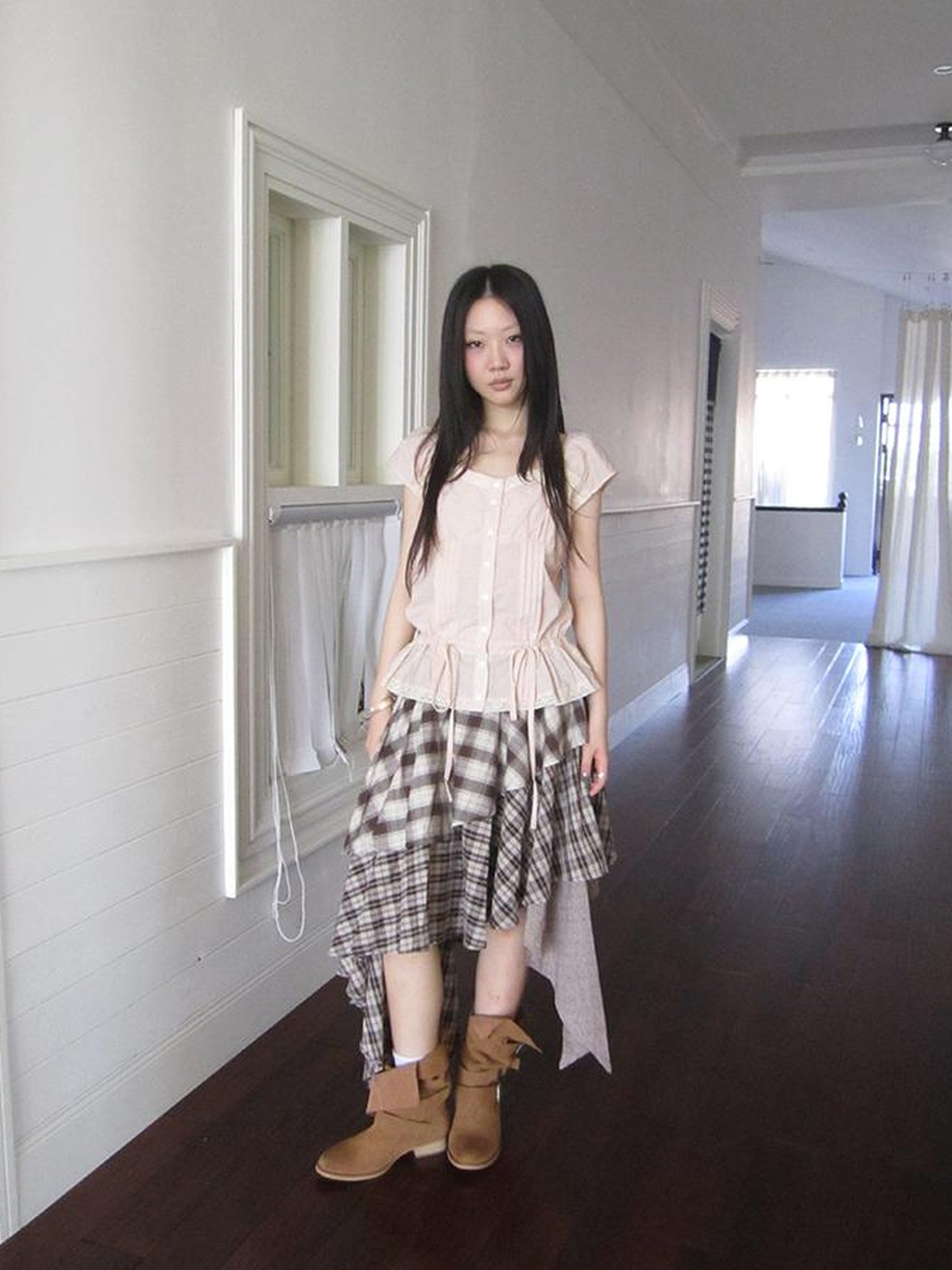 ang project Vintage Plaid Skirt With Asymmetrical Hem And Elastic Waist