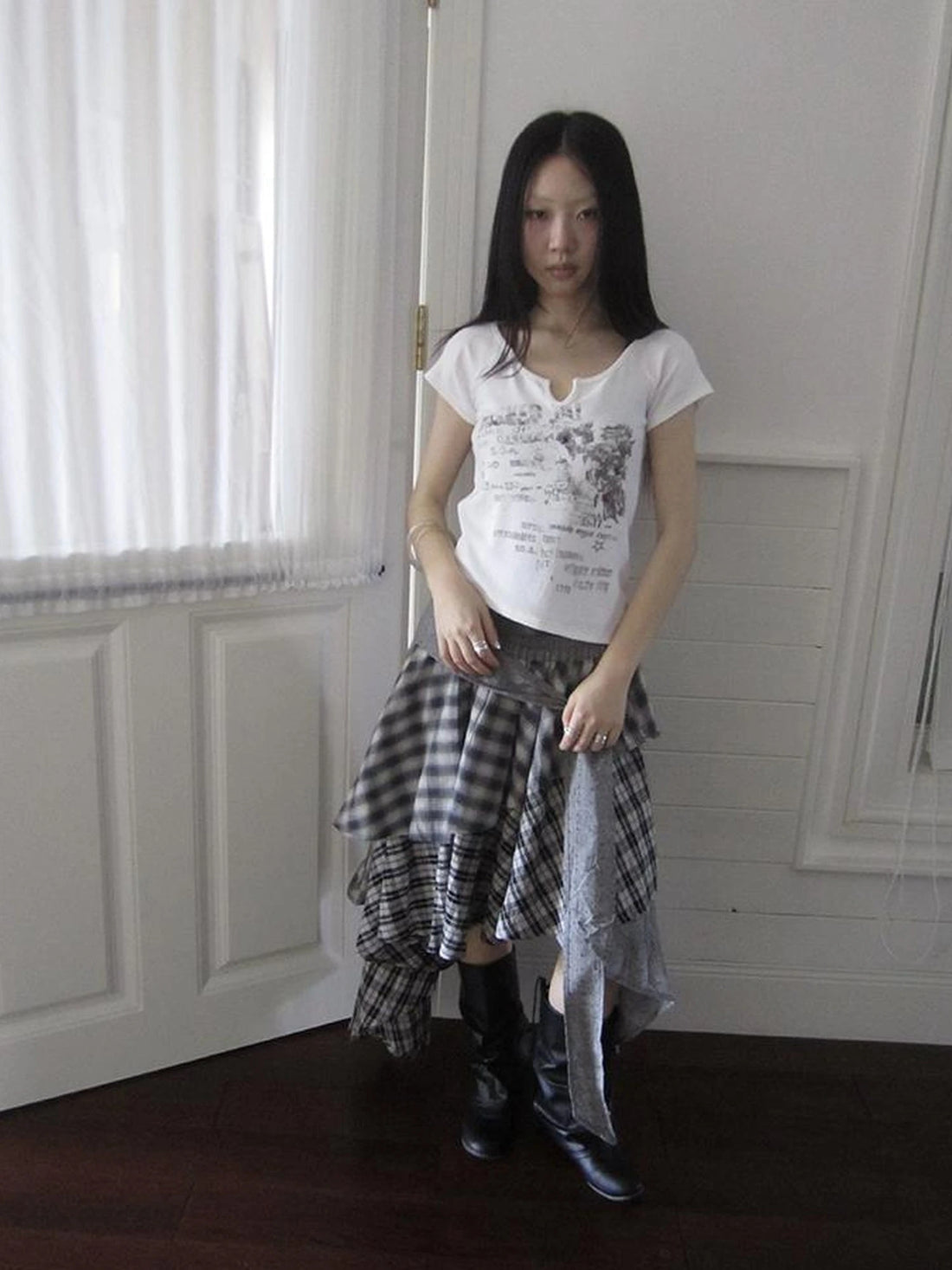Vintage Plaid Skirt With Asymmetrical Hem And Elastic Waist