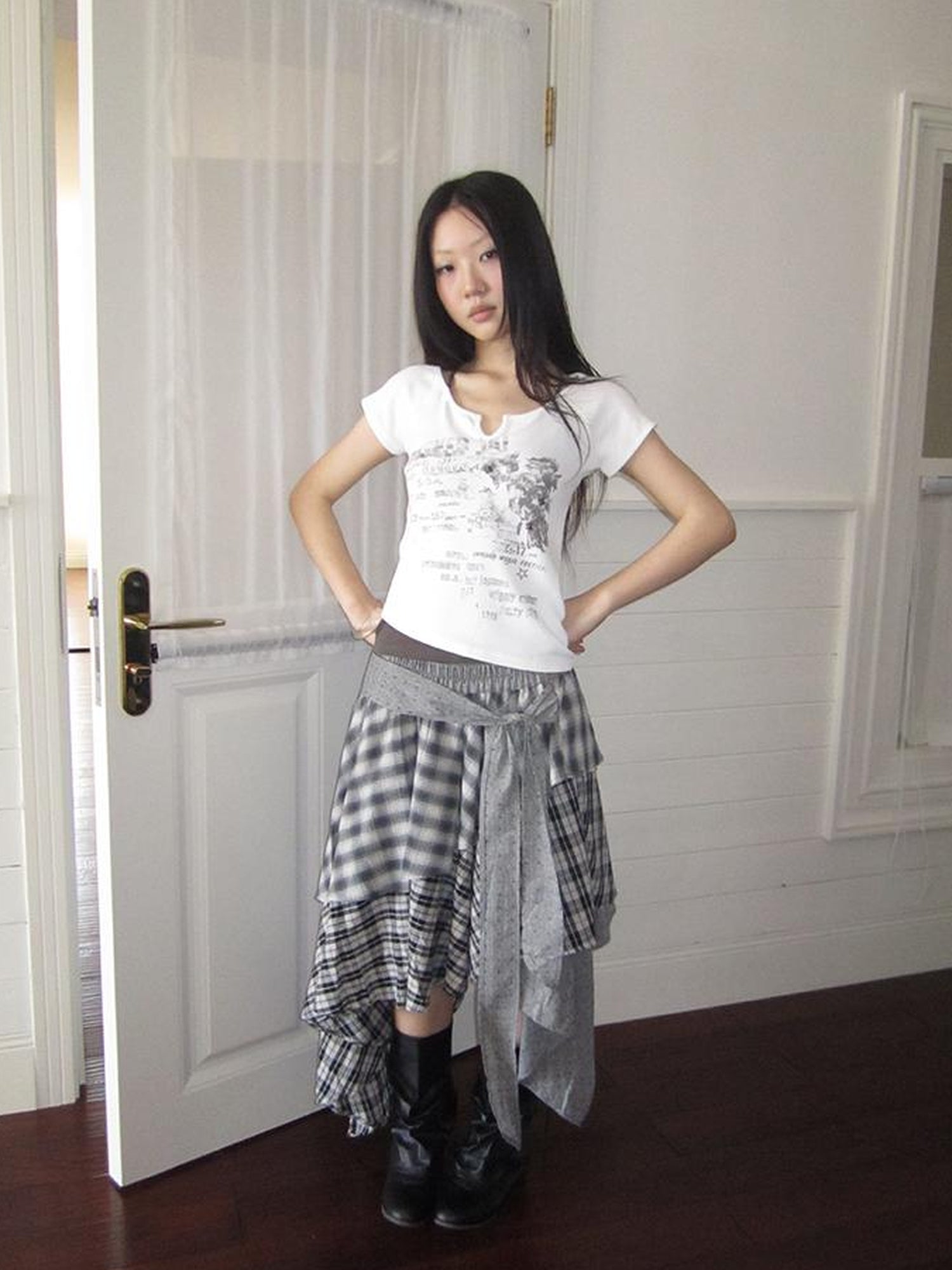 ang project Vintage Plaid Skirt With Asymmetrical Hem And Elastic Waist