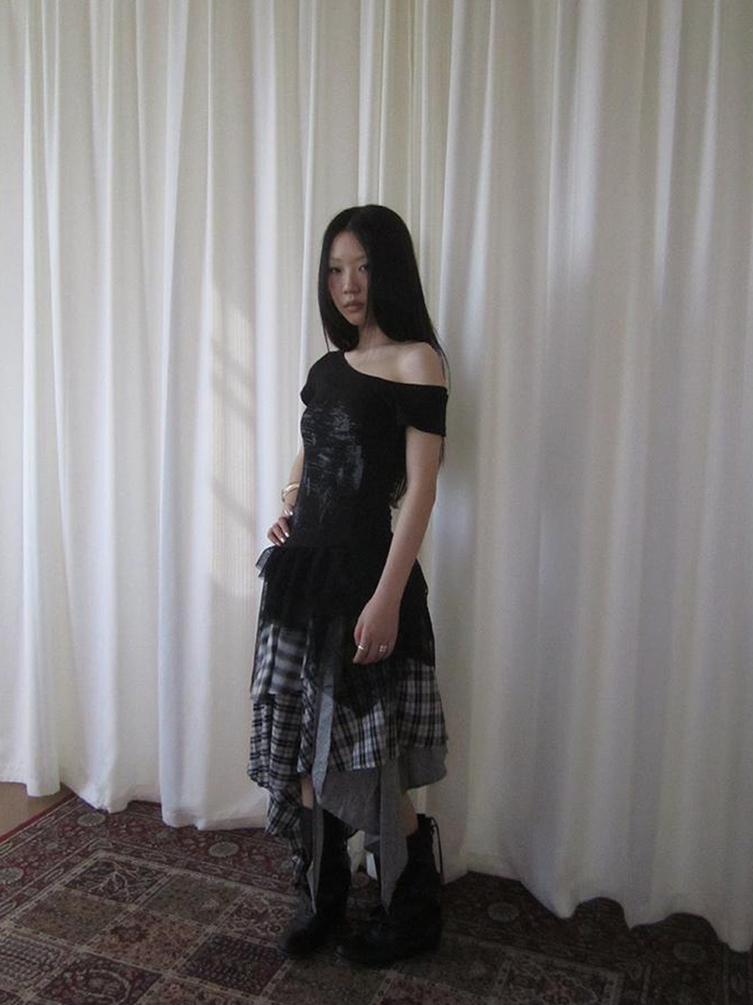 ang project Vintage Plaid Skirt With Asymmetrical Hem And Elastic Waist