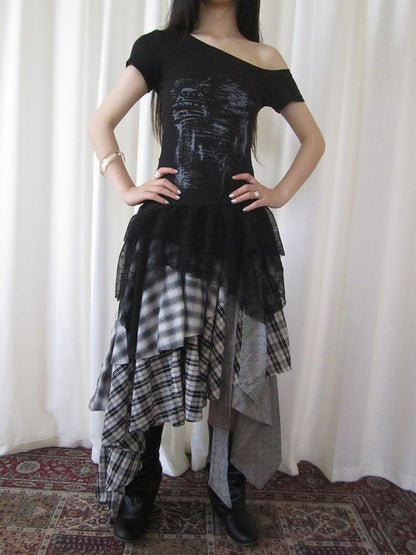 ang project Vintage Plaid Skirt With Asymmetrical Hem And Elastic Waist
