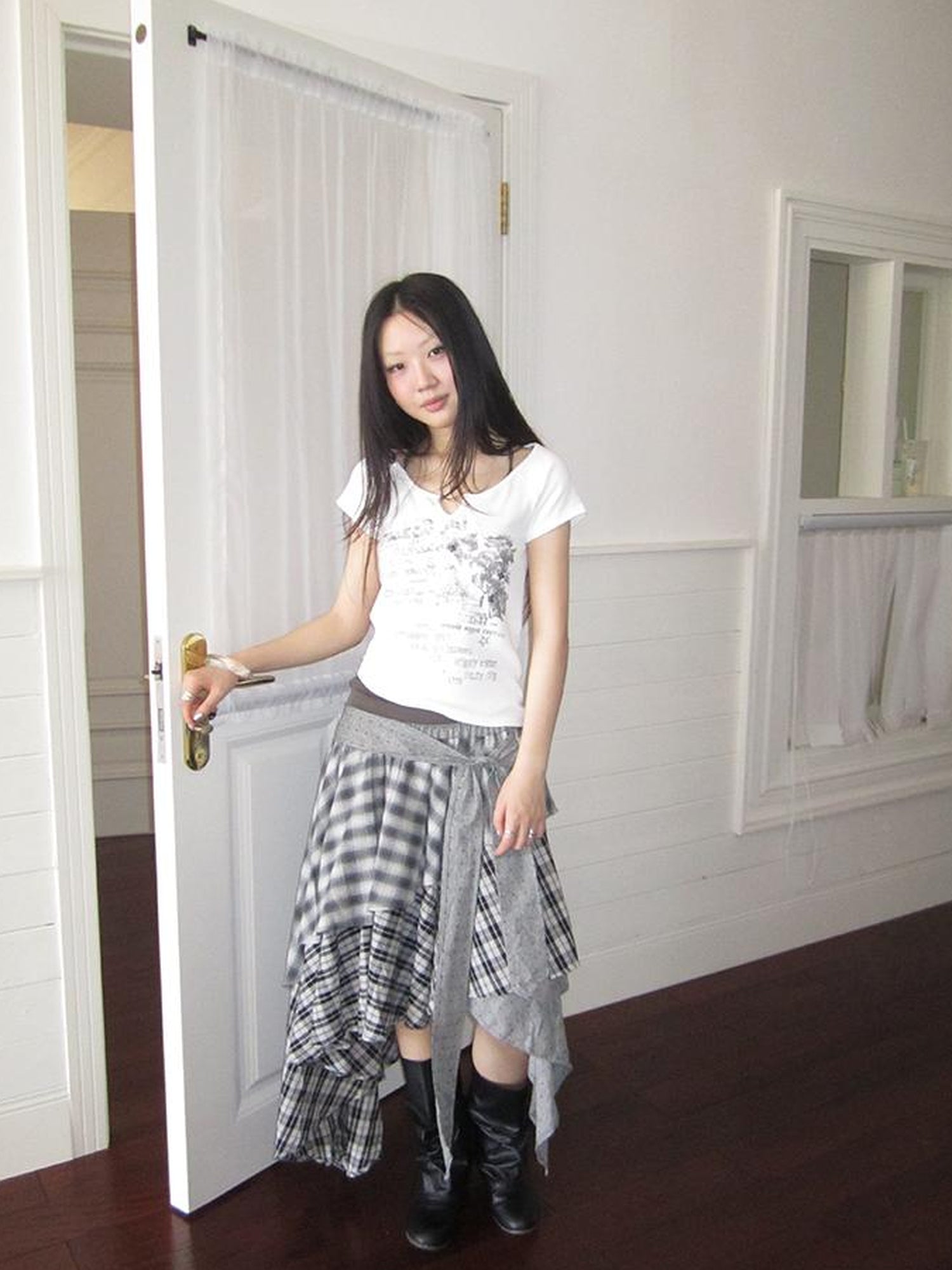 ang project Vintage Plaid Skirt With Asymmetrical Hem And Elastic Waist