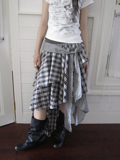 ang project Vintage Plaid Skirt With Asymmetrical Hem And Elastic Waist