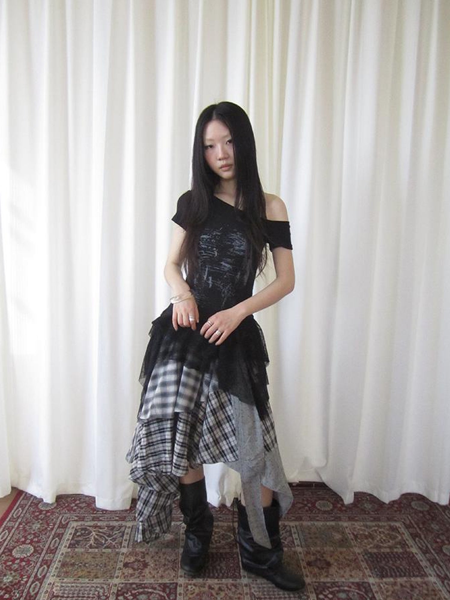 ang project Vintage Plaid Skirt With Asymmetrical Hem And Elastic Waist