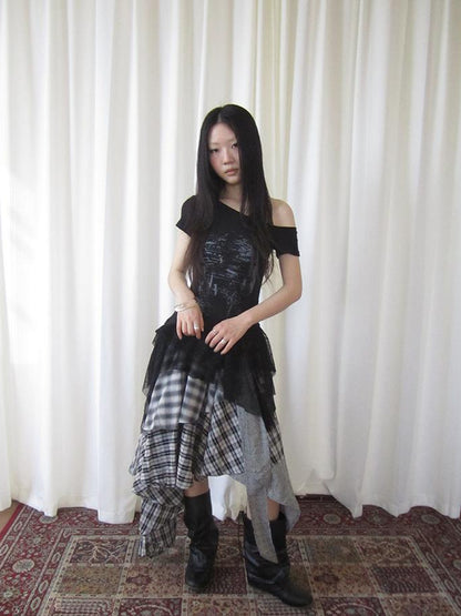 ang project Vintage Plaid Skirt With Asymmetrical Hem And Elastic Waist