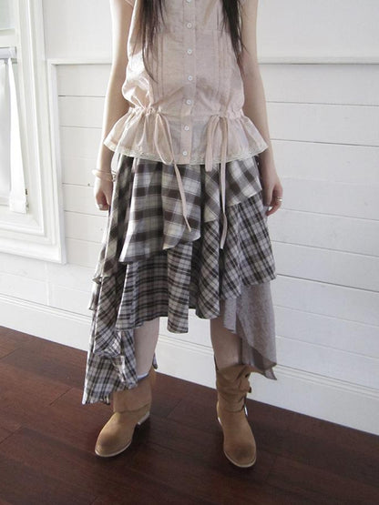 ang project Vintage Plaid Skirt With Asymmetrical Hem And Elastic Waist