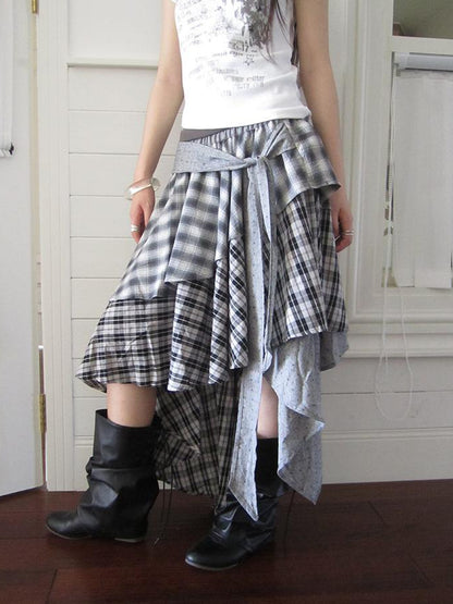 ang project Vintage Plaid Skirt With Asymmetrical Hem And Elastic Waist
