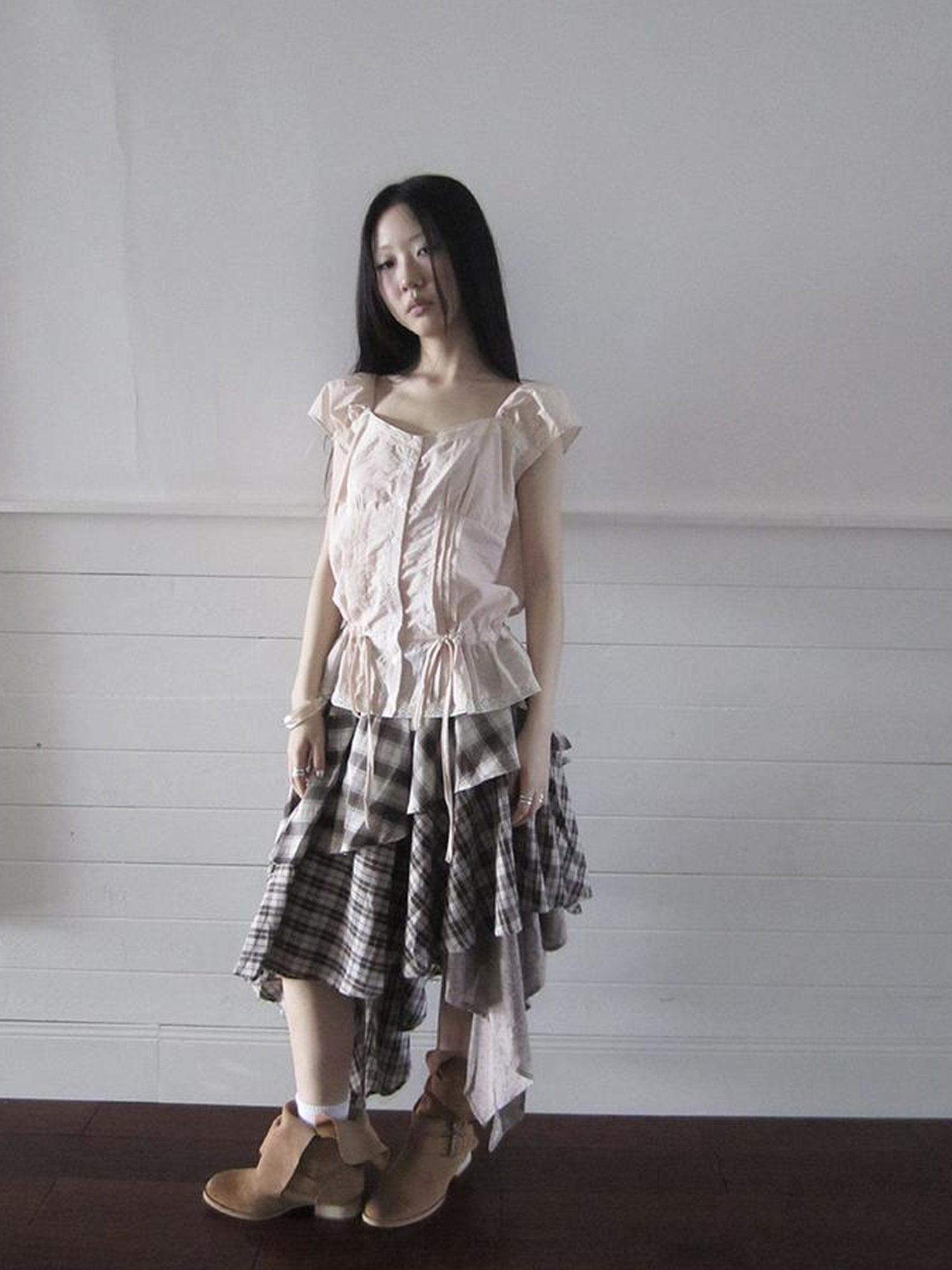 ang project Vintage Plaid Skirt With Asymmetrical Hem And Elastic Waist
