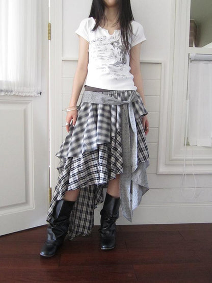 ang project Vintage Plaid Skirt With Asymmetrical Hem And Elastic Waist