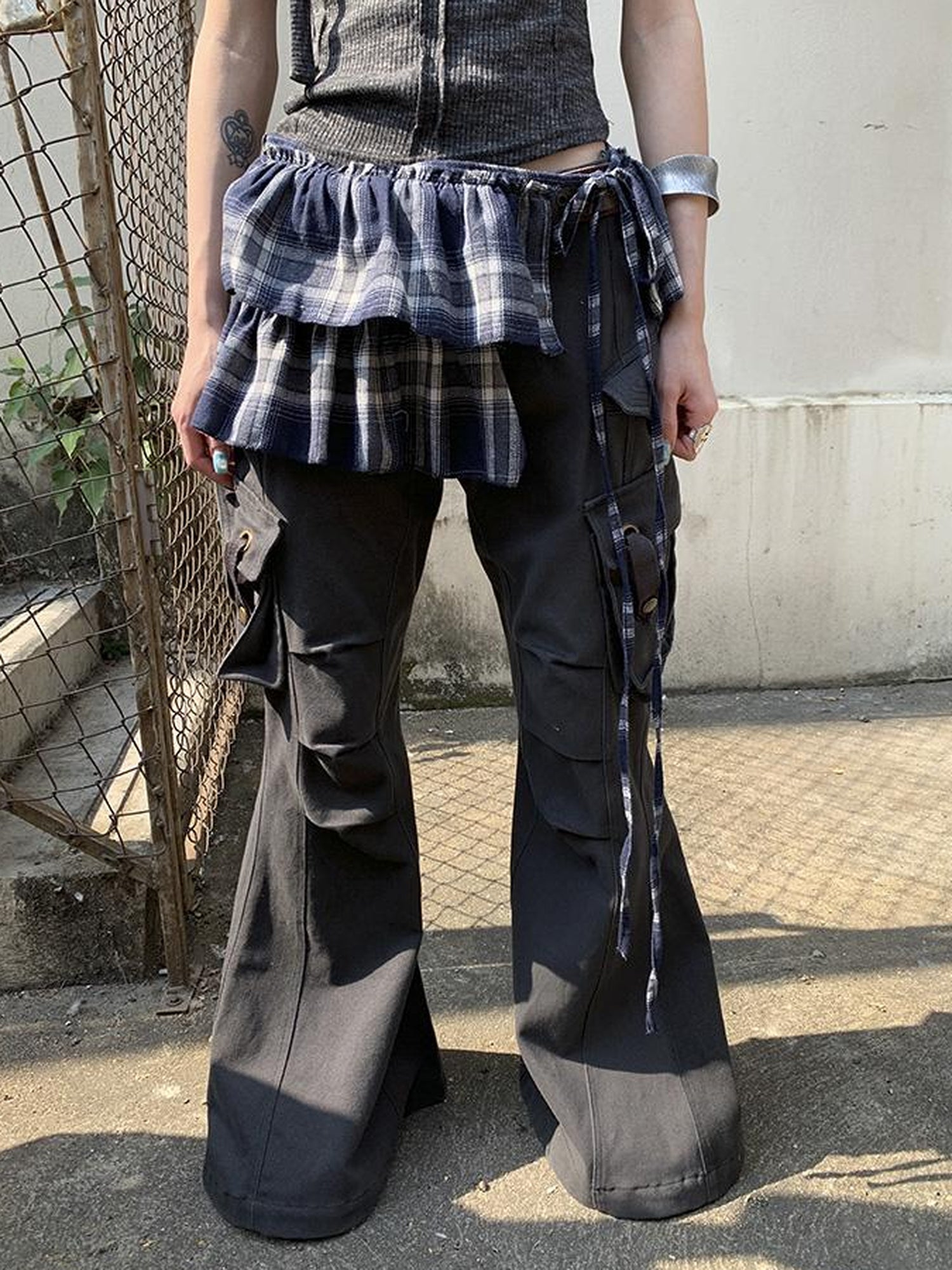 ang project Vintage Plaid Tear Hem Double Layer Wrap Skirt