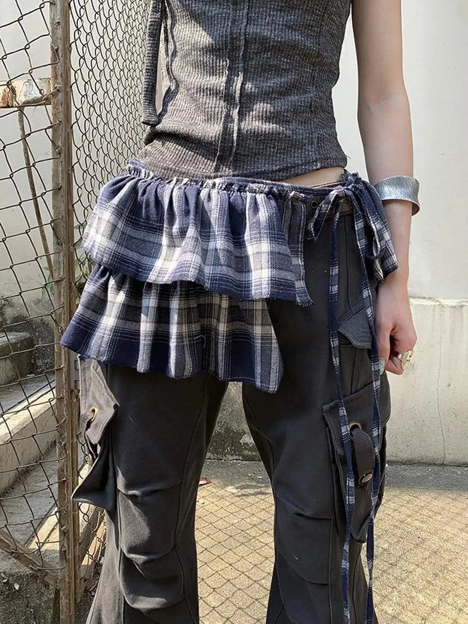 Vintage Plaid Tear Hem Double Layer Wrap Skirt