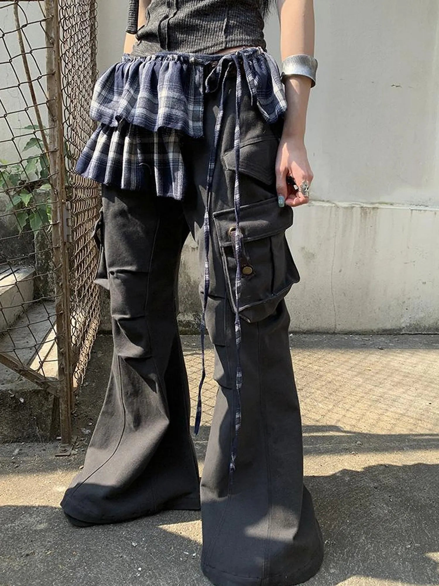 Vintage Plaid Tear Hem Double Layer Wrap Skirt