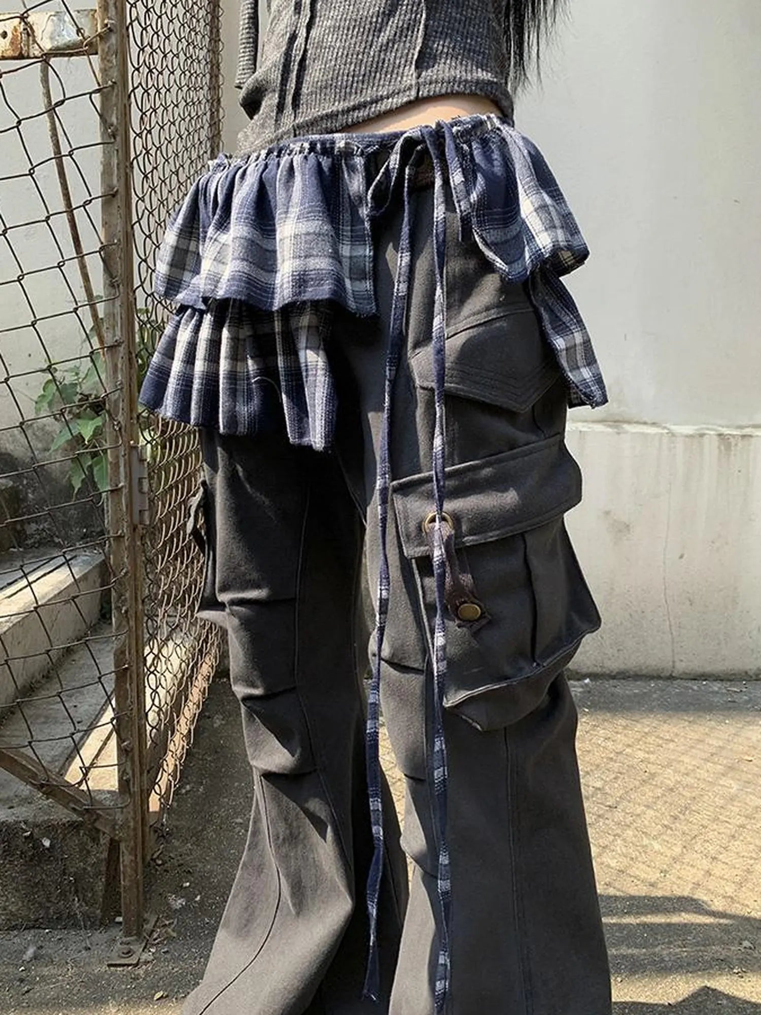 Vintage Plaid Tear Hem Double Layer Wrap Skirt