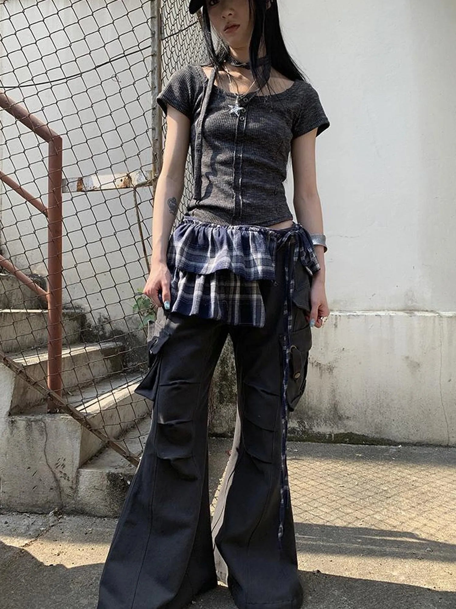 Vintage Plaid Tear Hem Double Layer Wrap Skirt