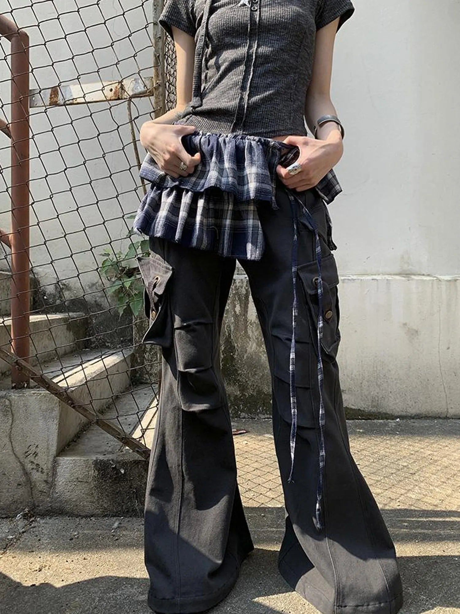 Vintage Plaid Tear Hem Double Layer Wrap Skirt