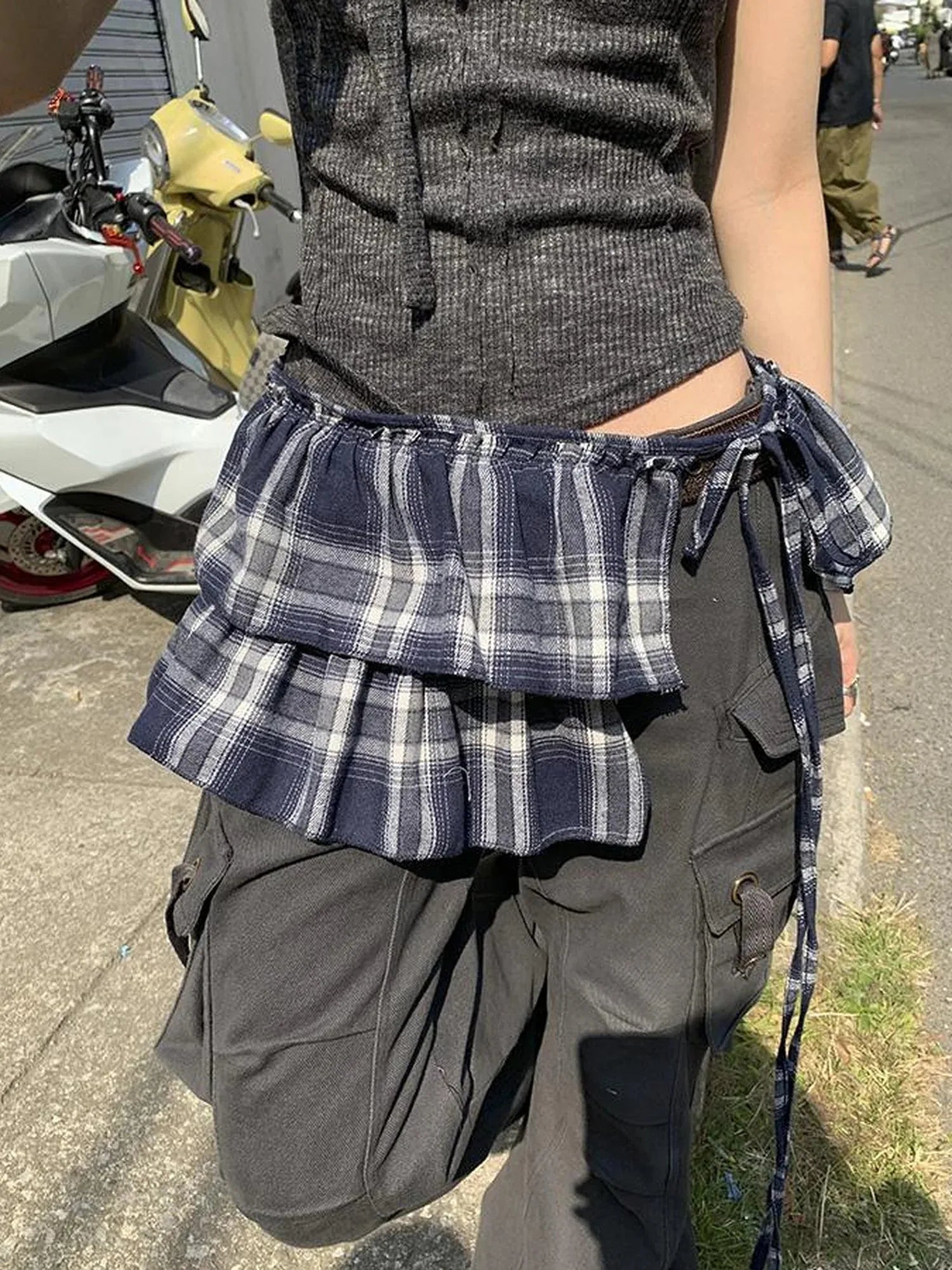 Vintage Plaid Tear Hem Double Layer Wrap Skirt