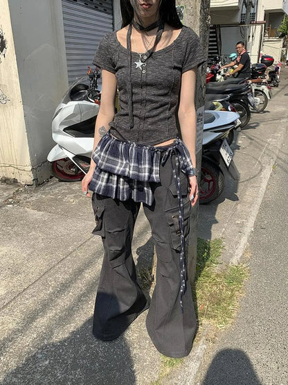 Vintage Plaid Tear Hem Double Layer Wrap Skirt