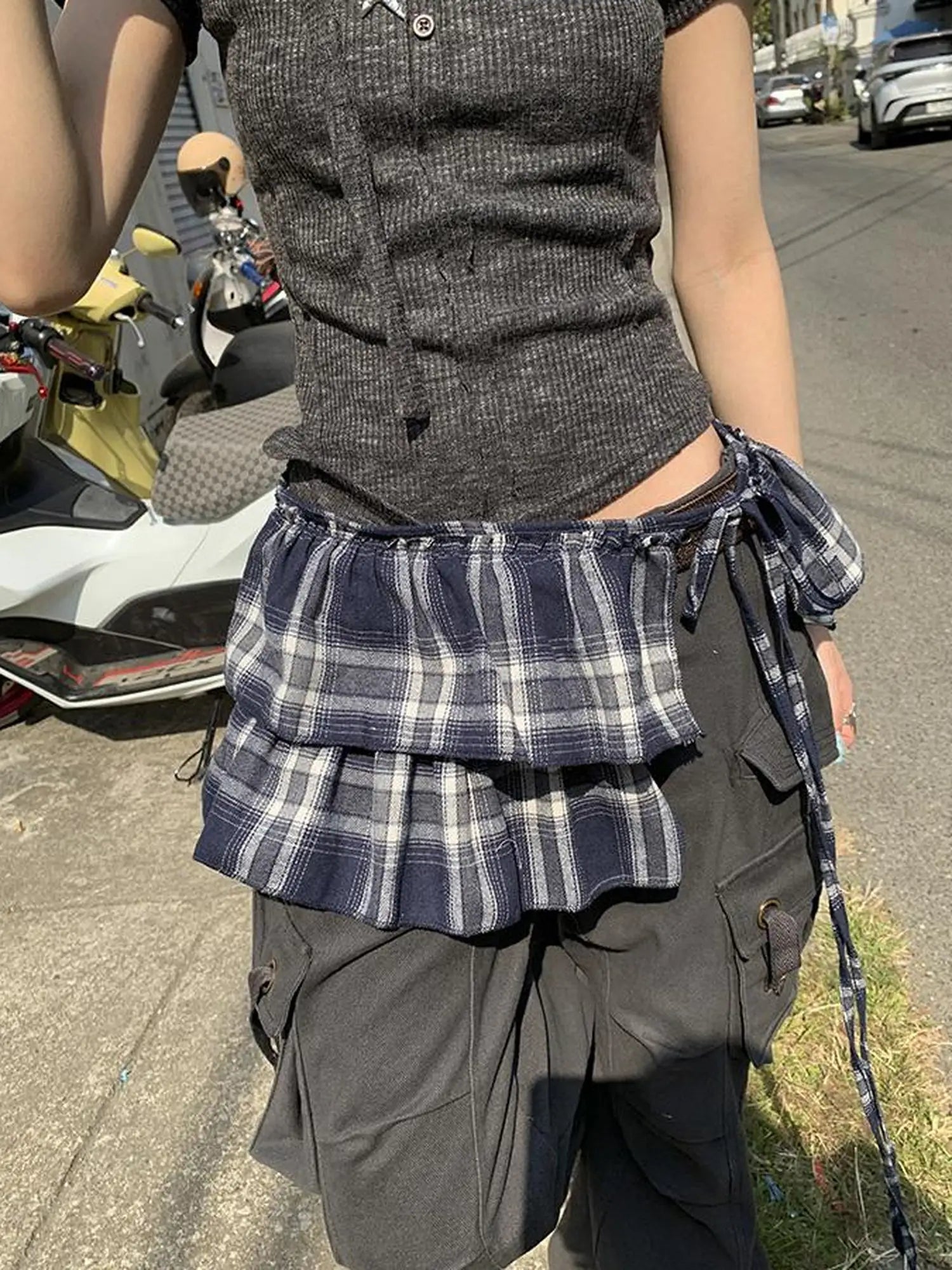 Vintage Plaid Tear Hem Double Layer Wrap Skirt