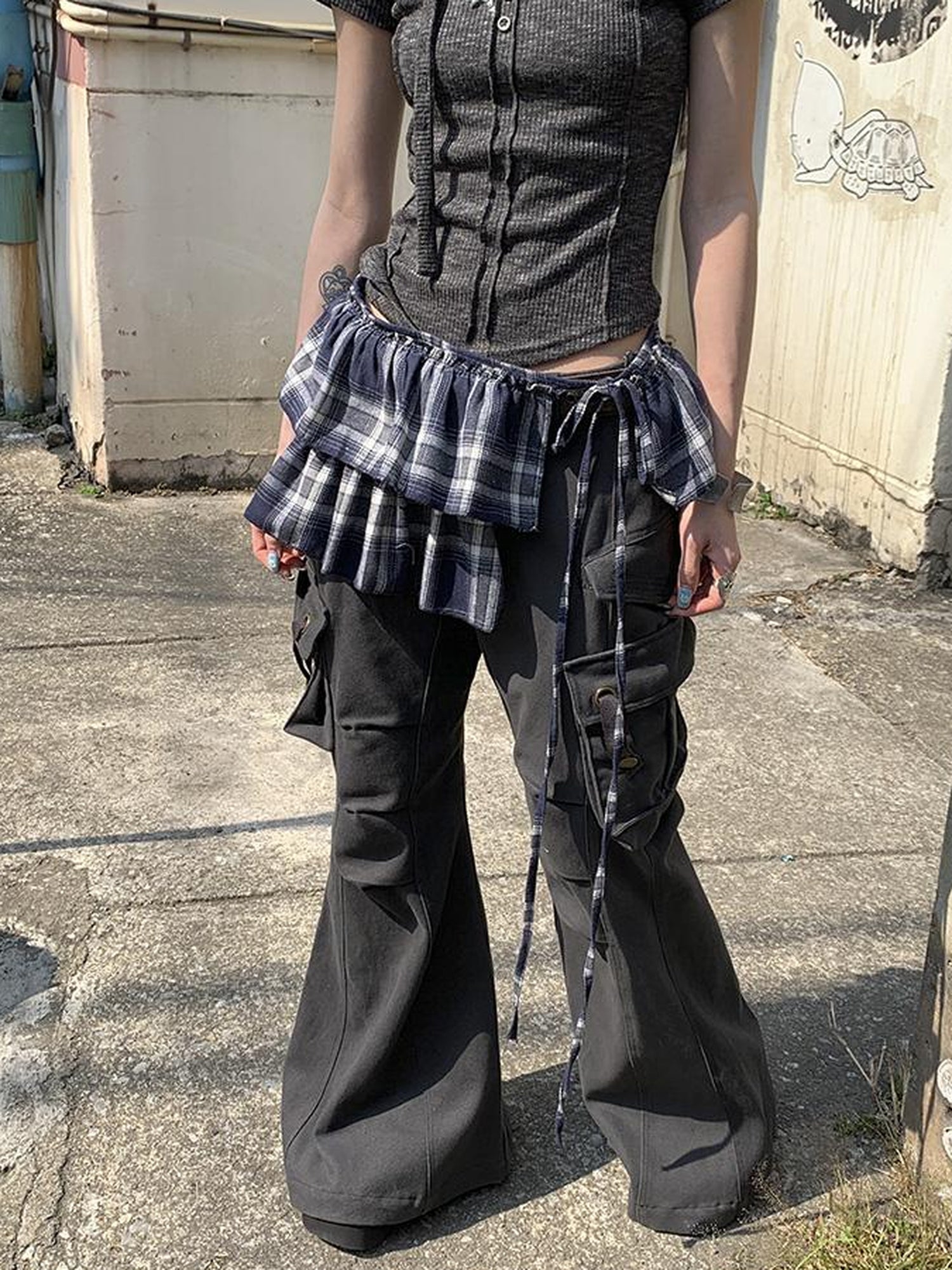 ang project Vintage Plaid Tear Hem Double Layer Wrap Skirt
