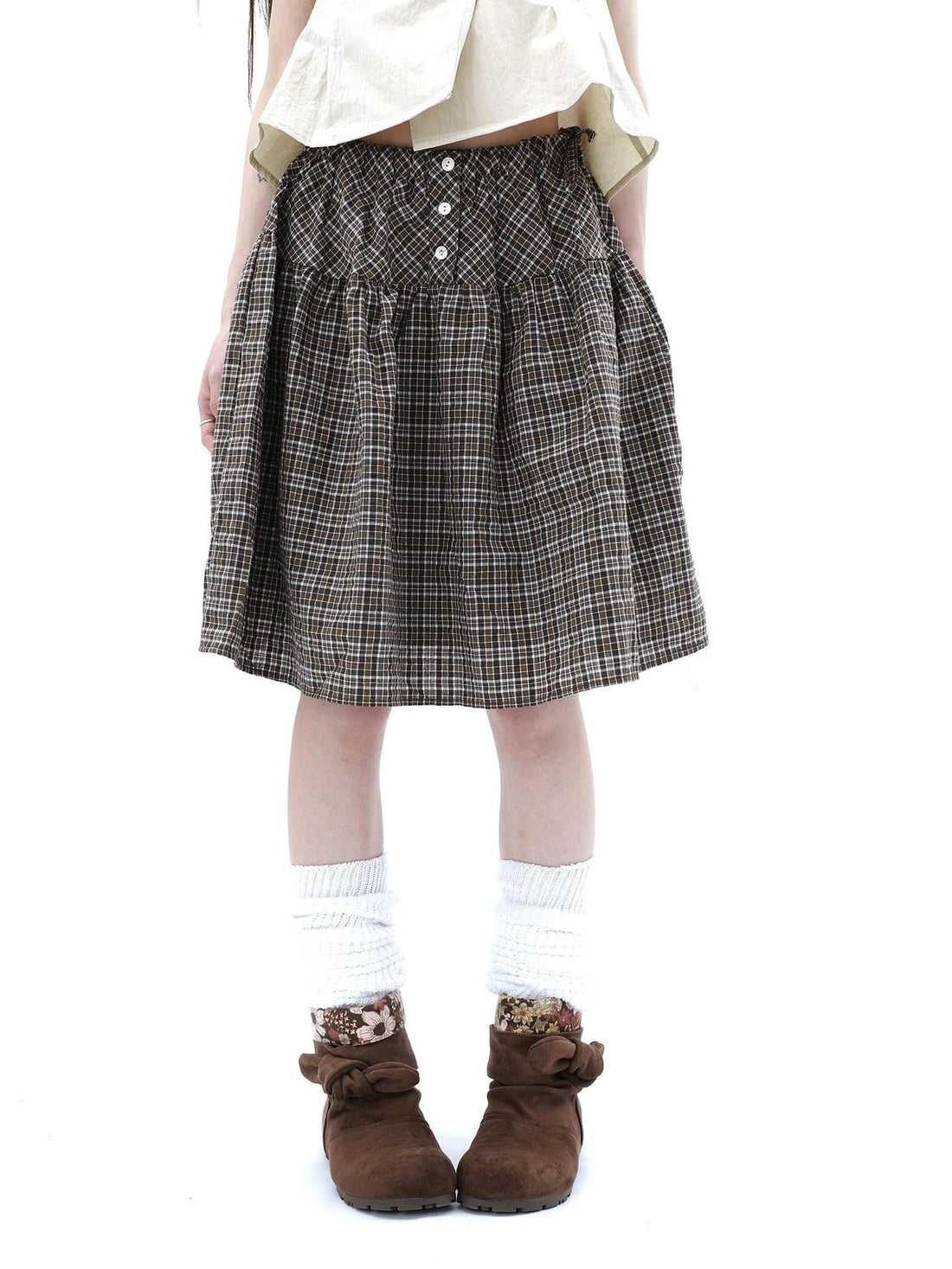 ang project Vintage Plaid Three Button Elastic Waist Tie A Line Women&