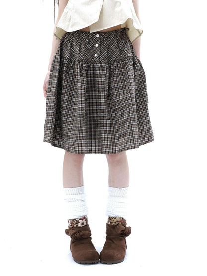 ang project Vintage Plaid Three Button Elastic Waist Tie A Line Women&
