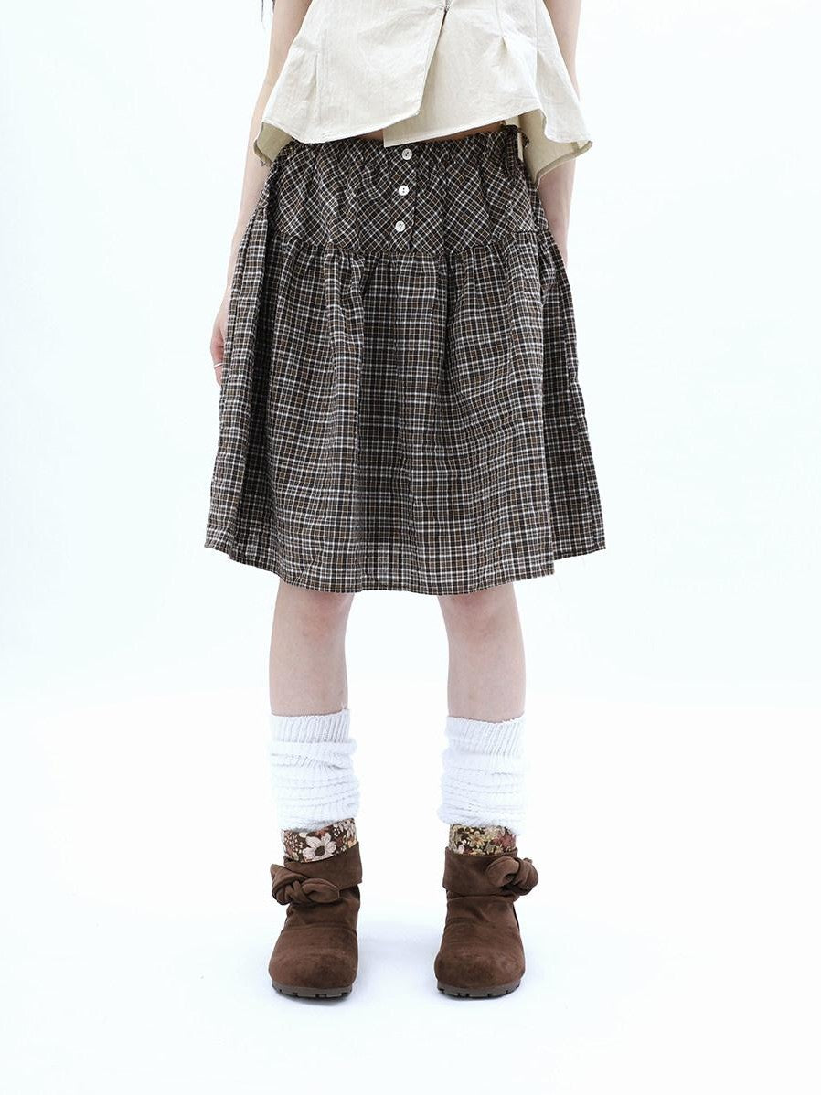 ang project Vintage Plaid Three Button Elastic Waist Tie A Line Women&