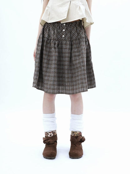 ang project Vintage Plaid Three Button Elastic Waist Tie A Line Women&