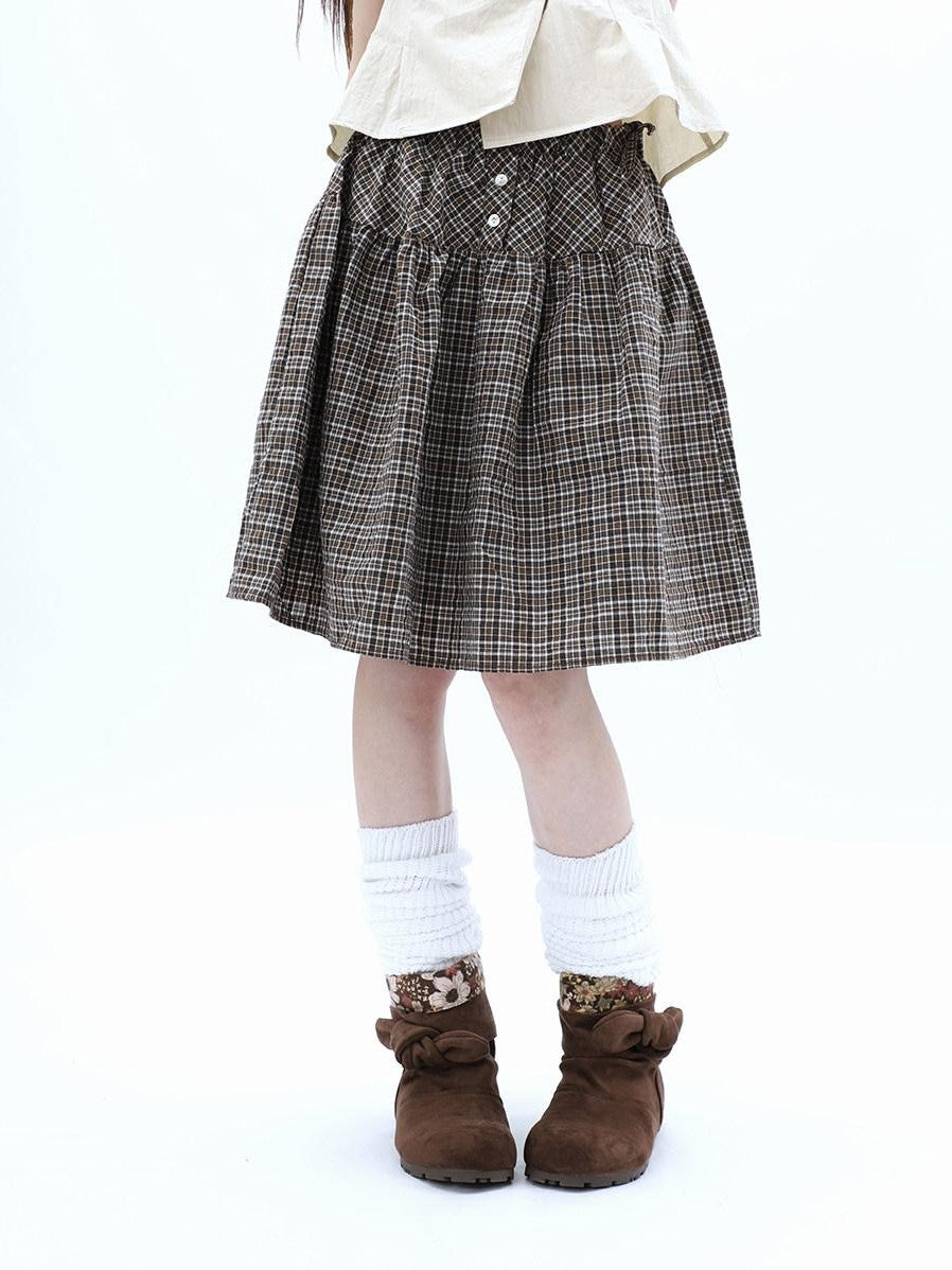 ang project Vintage Plaid Three Button Elastic Waist Tie A Line Women&