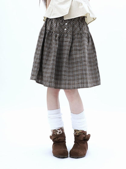 ang project Vintage Plaid Three Button Elastic Waist Tie A Line Women&